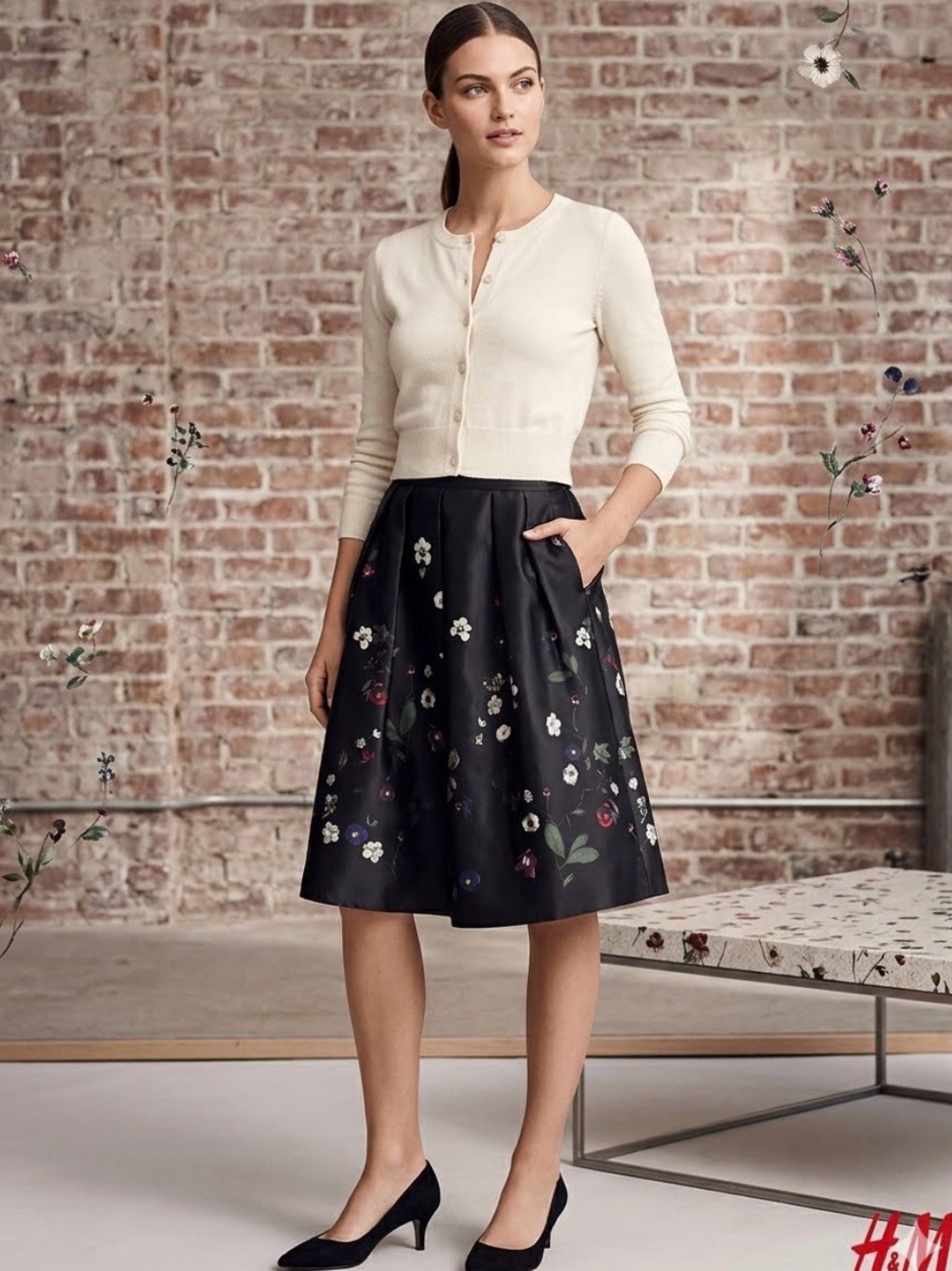 H & M Satin Black Floral A-Line Skirt